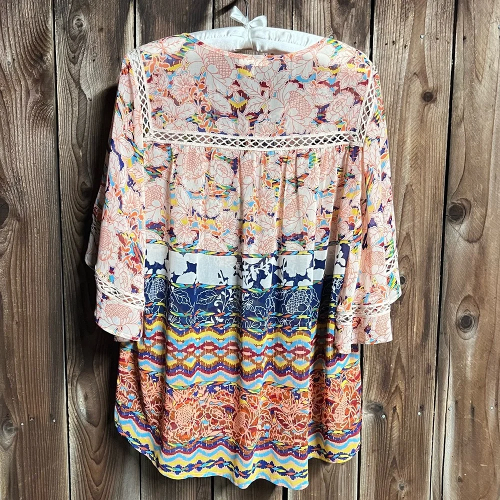 Meadow Rue Boho Sheer Floral Peasant Blouse Flowy Bat Wings Crochet Lace Sz L - Picture 10 of 14